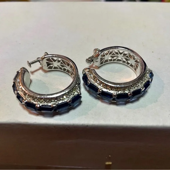 Silver-Toned Faux Blue Sapphire and Zirconia Hoop Earrings –Crystal Huggie Hoops - Picture 10 of 15